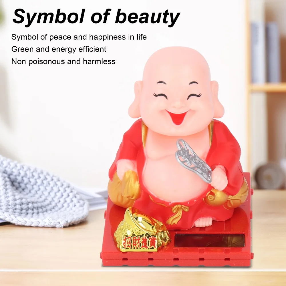 Plastic Solar Nodding Buddha Figurine Gold & Red Square base Solar Powered Maitreya Ornament 2.95x3.54in