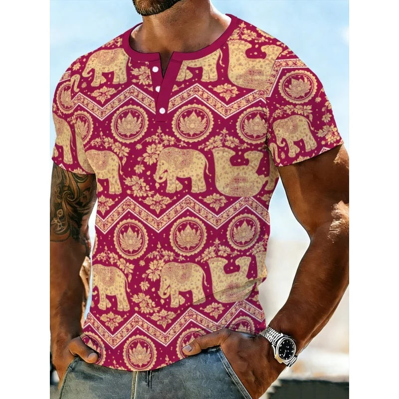 

Retro Animal Pattern Grandpa Shirt For Men Leopard 3D Print T-Shirts Summer Street Top Short Sleeve Tee Stand Collar Polo Shirts
