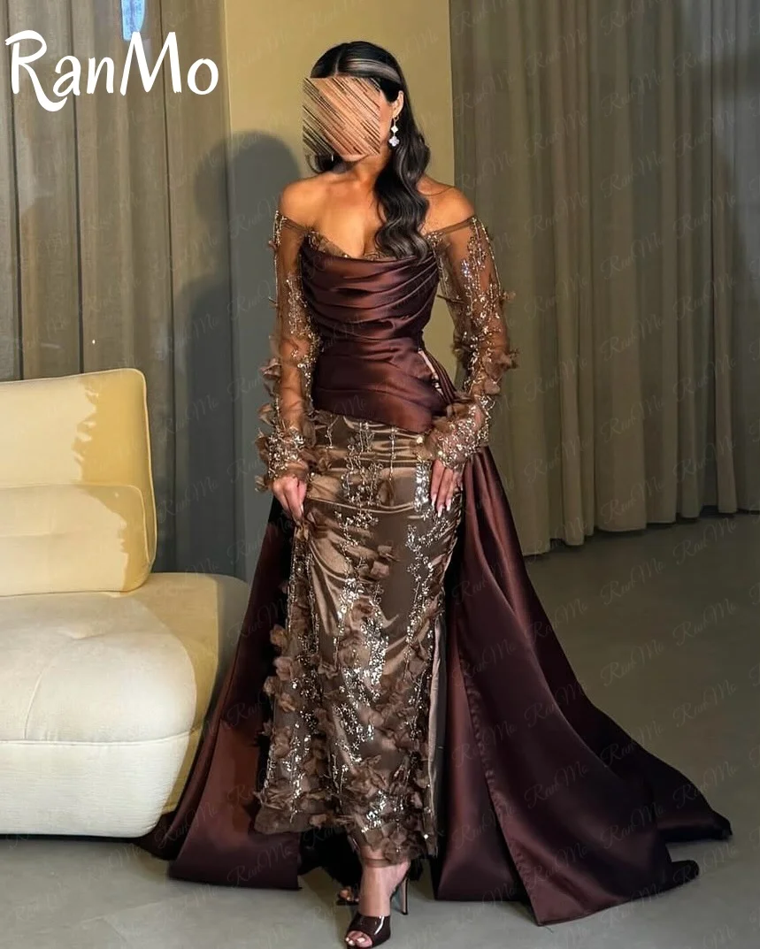 فساتين سهرة من Ranmo مخصصة باللون البني عالية الجودة مزينة بالزهور ومزينة بالترتر بدون أكتاف وذيل طويل