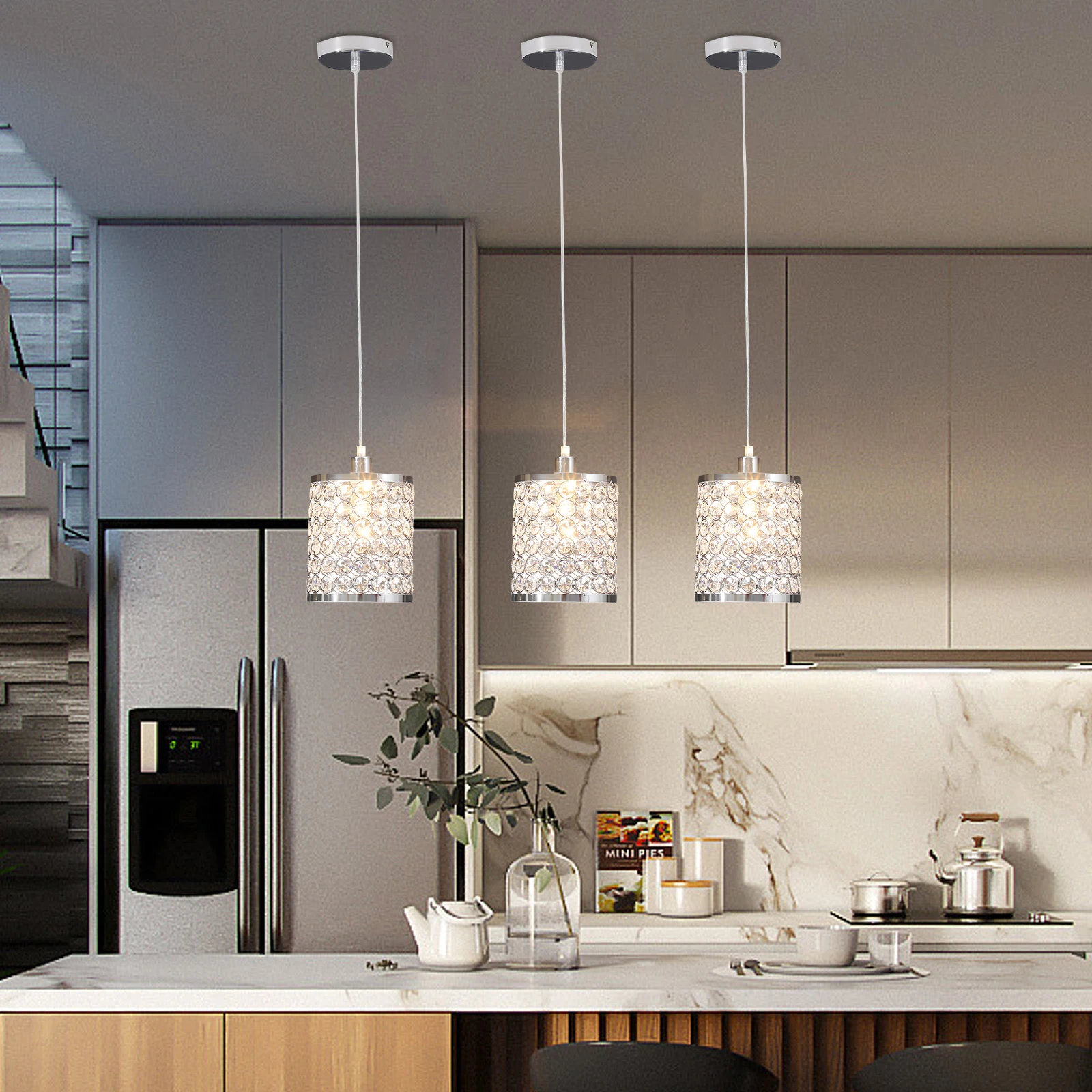 

[Ceiling Light] 3 Pack Crystal Pendant Light - Iron & Glass Crystal - Adjustable - for Living Room Dining Room