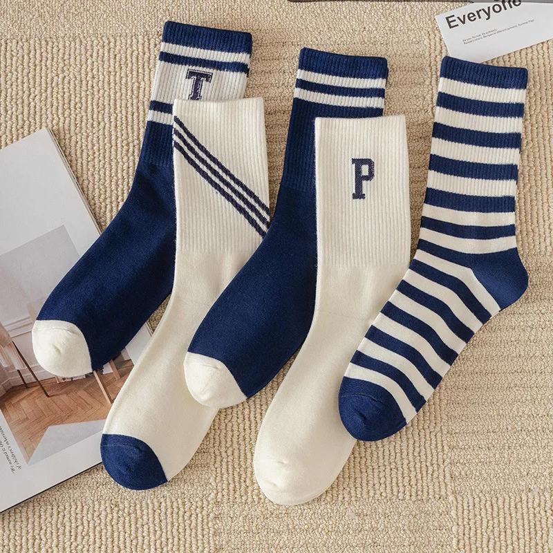 Men\'s Pure Cotton Middle Tube Socks with Letter Striped Winter Socks Fashion Blue White Socks