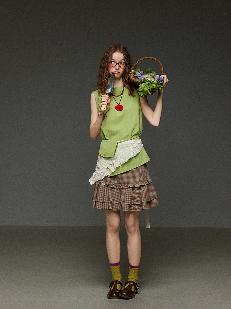 

TNIT Asymmetric Loose Women's Svel Long irt Summer Top Faion Design Sense Bag Matching Mid-Length Vest