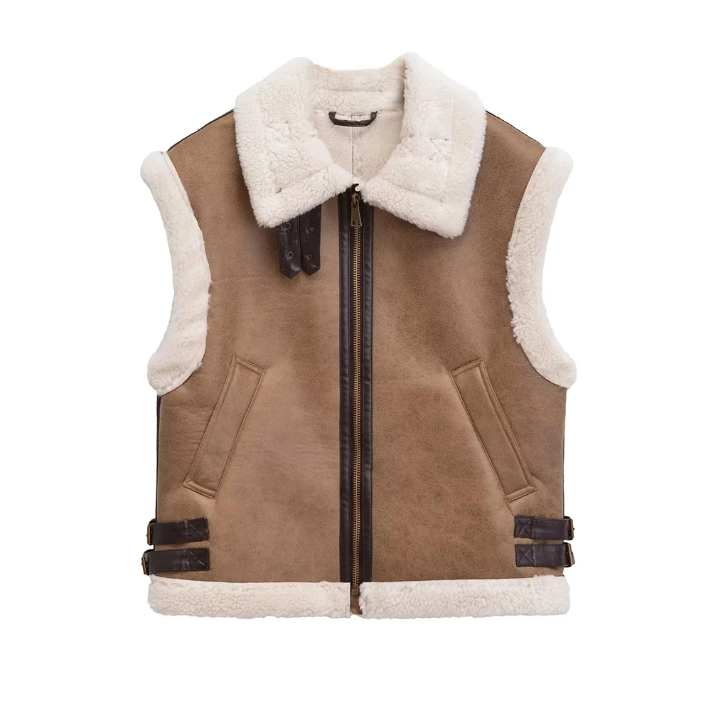 Taop & Za UR-Gilet chaud en peluche, ample, sans manches, fermeture éclair, tempérament, polyvalent, automne, hiver, 2024