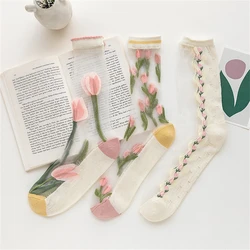 New Women's Fashion Summer Breathable Ultra Thin Tulip Fairy Style Transparent Crystal Glass Silk Cotton Soft Socks