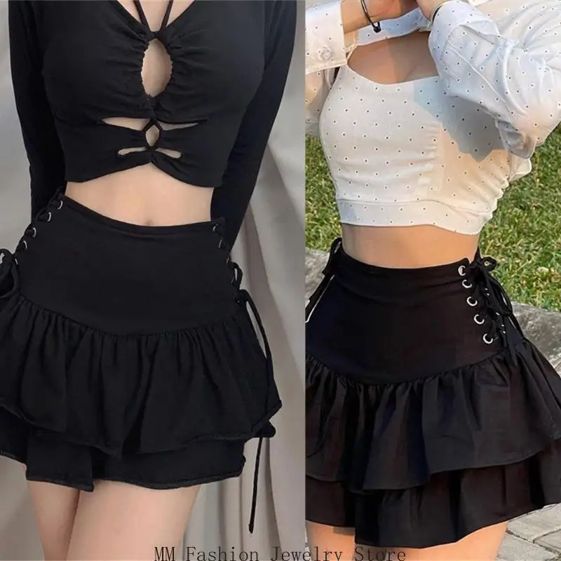 

Aesthetic Tiered Ruffle Hem Mini Skirt for Women High Waist Lace-Up Skater Skirt D0UB