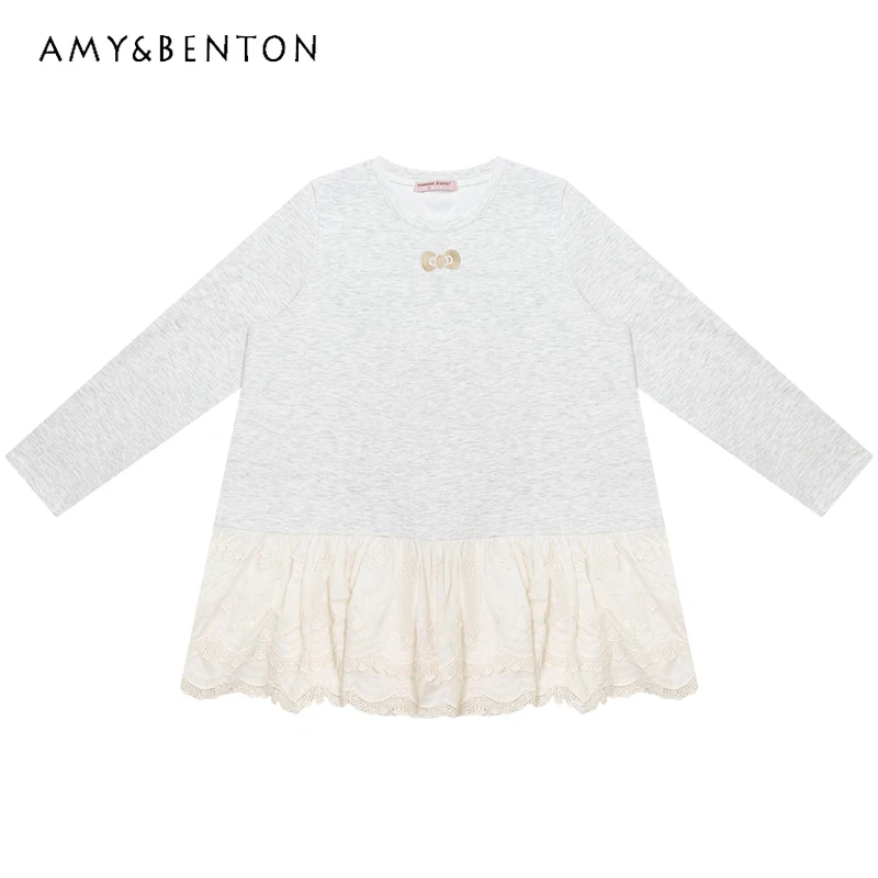 

American Retro Design Lace Hem Knitted Women's Base Shirt Autumn Winter New Light Gray Long Sleeve T-Shirt for Women