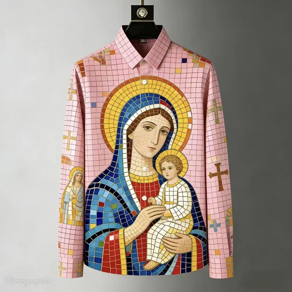 Men's Gothic Baroque Religious 3D Printed Shirt Jesus Cross Long Sleeve Casual Party Dress Shirt