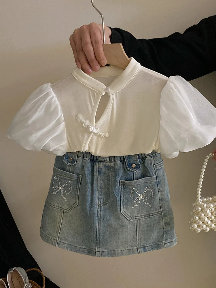 

Little Girl's New Chinese Suit2024New Western Style Puff Sleeve Top Light Diamond Bow Denim Skirt Suit-WS