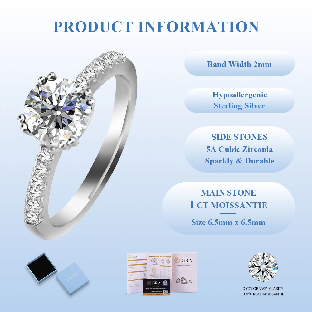 

CLYSSIA 100% 925 Silver 18k White Gold Plated Moissanite Ring Lab Grown Diamonds Perfect Bride Jewelry for Wedding Engagement