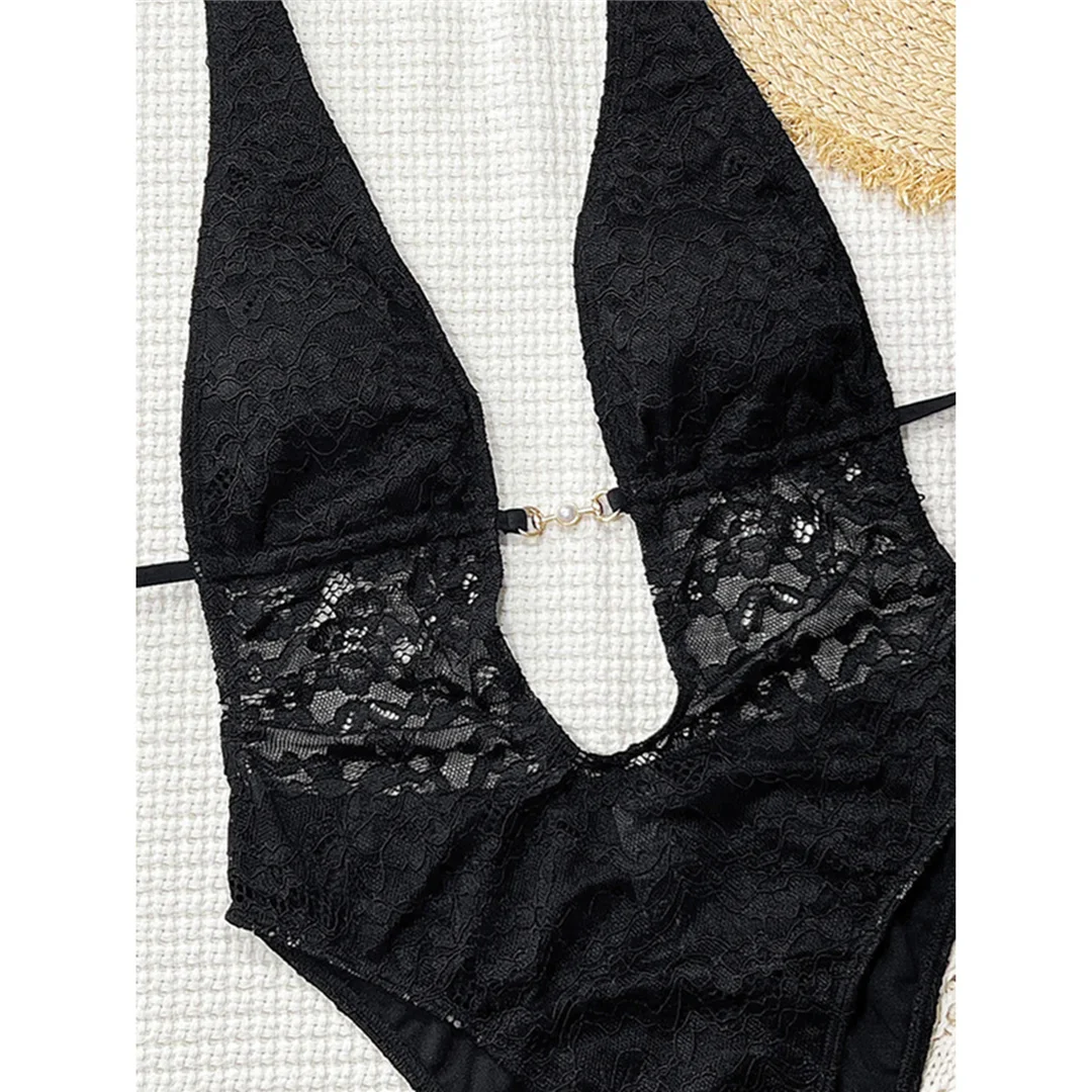 Spitzen-Badeanzug mit tiefem V-Ausschnitt und Neckholder für Damen, einteiliger Badeanzug, Monokini mit hohem Beinausschnitt, rückenfreier Badeanzug, Badeanzug V8264 – Detail 6
