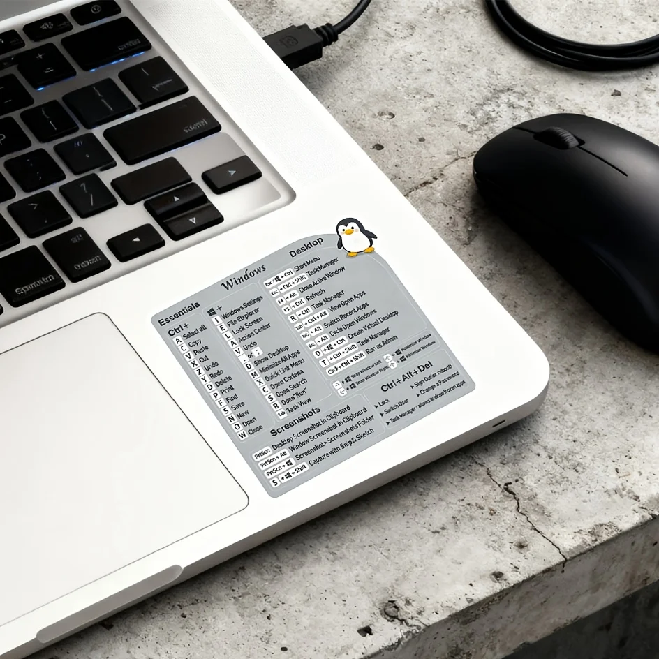 

PVC decal for laptops, cute productivity hotkey reference Penguin Keyboard Shortcut Sticker | Self-adhesive residue-free