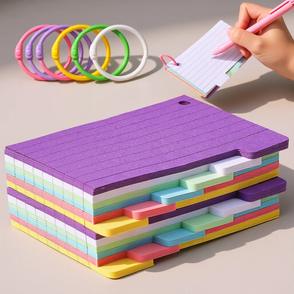 300 ورقة من بطاقات الفهرس المفروم الملونة، بطاقات ملاحظات مسبقة اللكم مع حلقات معدنية، بطاقات تعليمية للدراسة #1