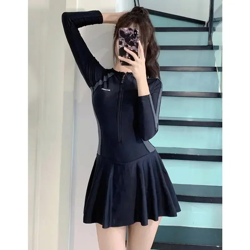 Fashion Korean Style Swimsuits Women All Match Long Sleeve Lady Swimwear Sexy Fashion Dress Patchwork Y2K Female Clothes L156