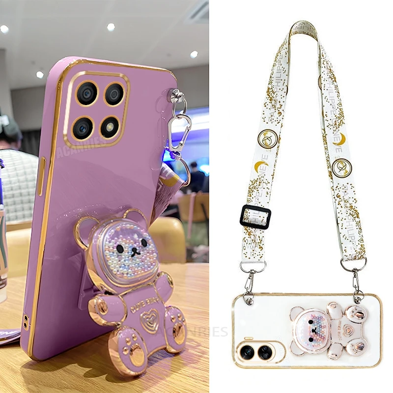 Honorx8 Crossbody Lanyard Bear Silicone Case For Huawei Honor X8 X8a X8b X6 X6a X6s 4g X7 X7a 70 Lite 5g 90 50 Pro Holder Cover