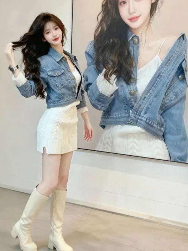 

Ретро-комплект из вязаного джинсового жакета и юбки-шорта: комфортный, средней плотности, зимний, модный, для женщин, с высокой талией