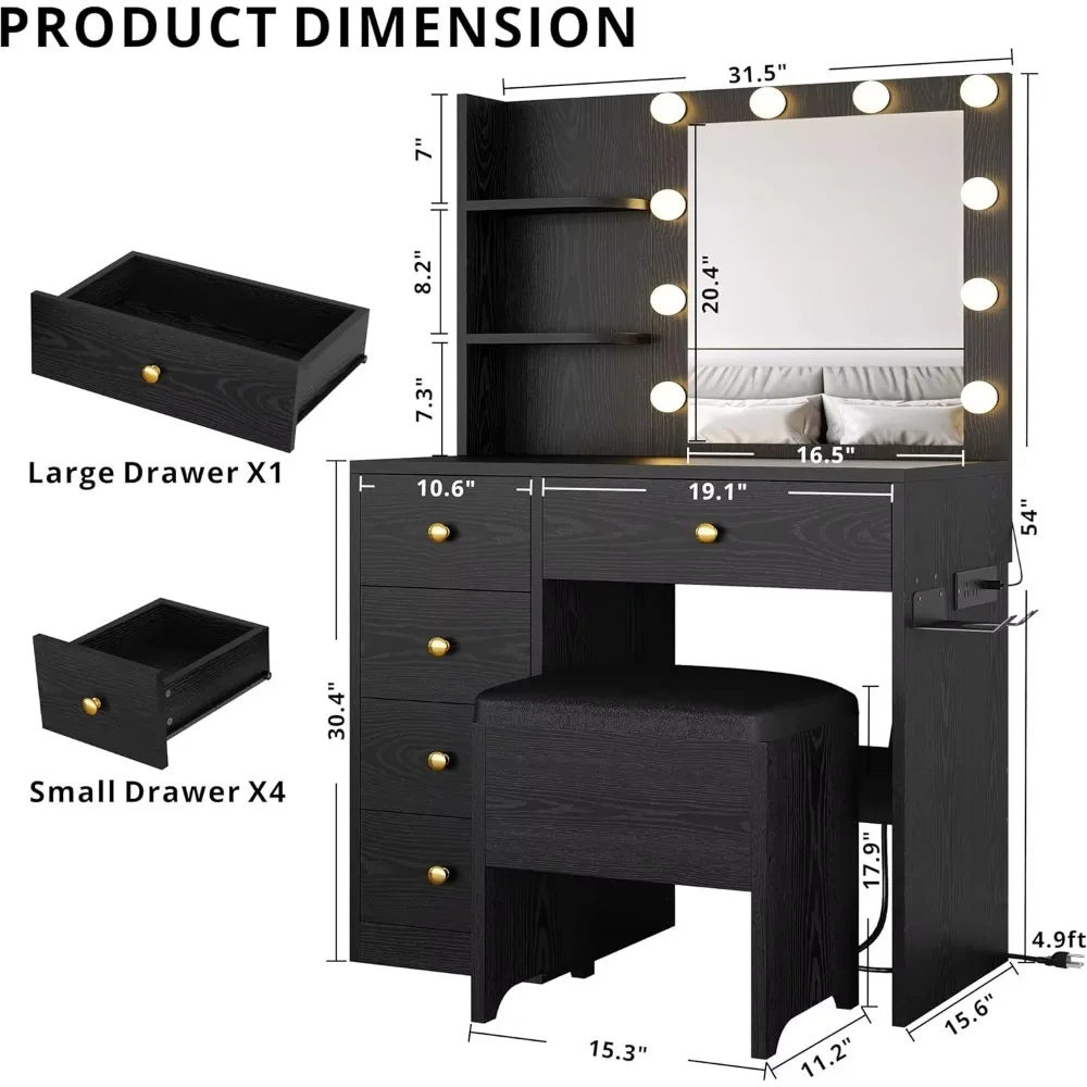 مكتب فانيتي مع مرآة وأضواء، طاولة مكياج صغيرة مع 5 أدراج، طاولة تزيين لغرفة نوم الفتيات والنساء #3