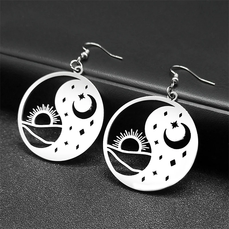 

Taoist Yin Yang Tai Chi Bagua Sun Moon Pendant Hoop Earrings Women Men Stainless Steel Silver Color Round Dangle Earring Jewelry