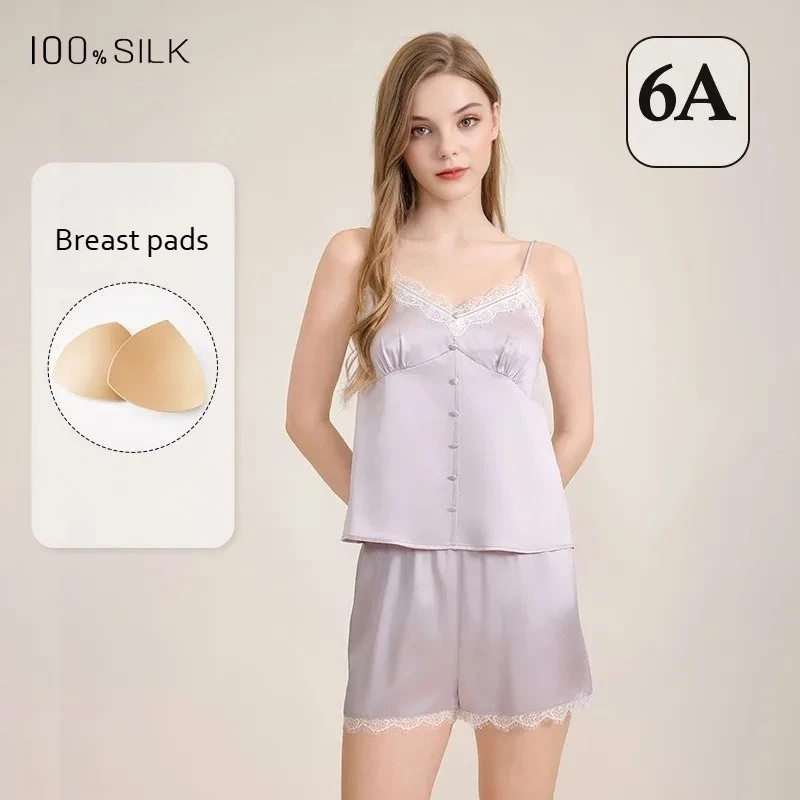 2025 New Women's French Silk Pajamas Set Chest Pads 100% Mulberry Silk Camisole Shorts Lounge Wear XL Size Suspender 2 Pieces