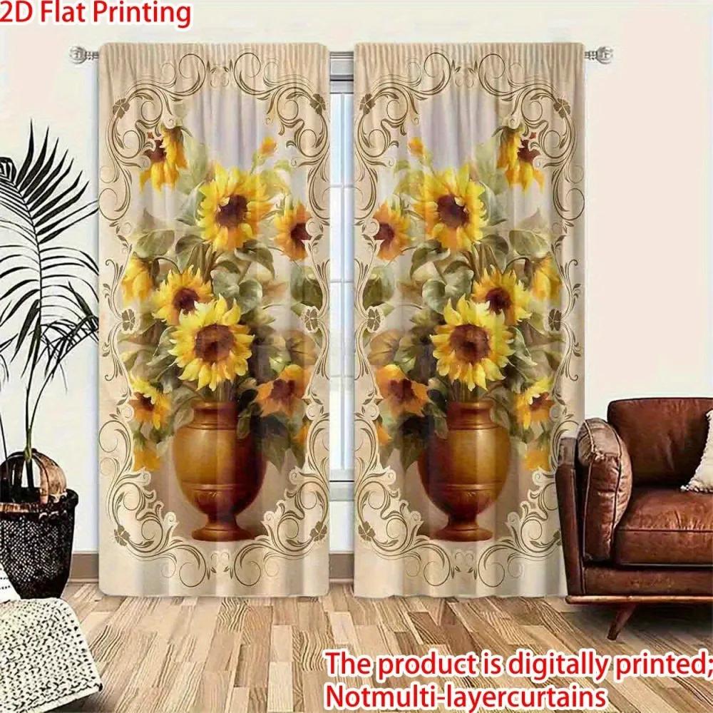 2PCS Vintage Curtains, Sunflower Vase Floral Ornate, Digital Print, Bedroom Living Room, Rod Pocket Polyester, Home Decor