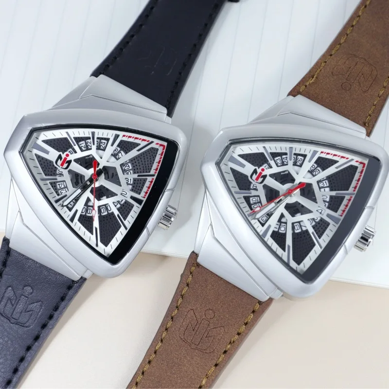 NEPIC Men Quartz Watch Hollow Triangle Dial Skeleton Gold Sliver Clock Male Luxury Business Man Reloj Leather Band Wristwatch