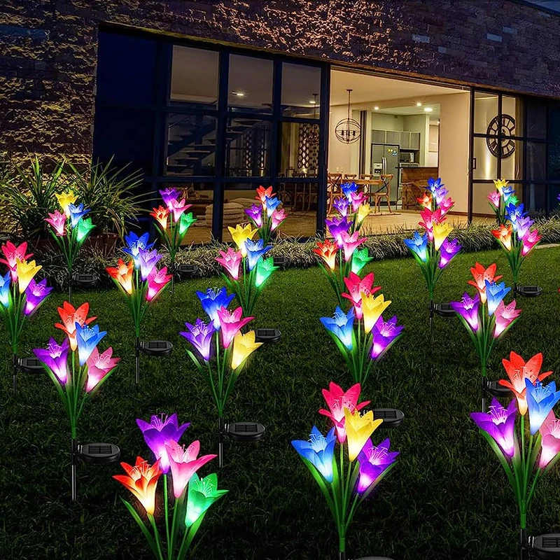 Solar Outdoor Flower LED Lights Garden Decor Lily Flower Lamp 7 Color Changing Waterproof Solar Lights