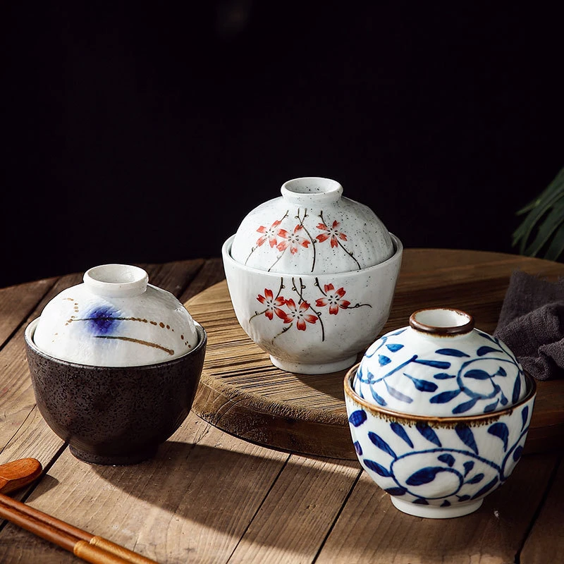 4 Inch Japanese Style Crock-Pot Lidded Bowl Ceramic Hand-painted Small Stew Pot with Lid Waterproof Bird's Nest Soup Cup