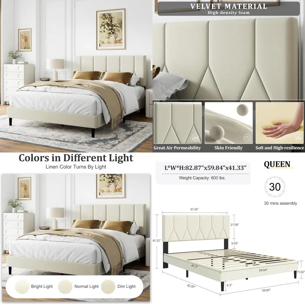 

Queen Size Velvet Upholstered Platform Bed Frame with Strong Wood Mattress Foundation