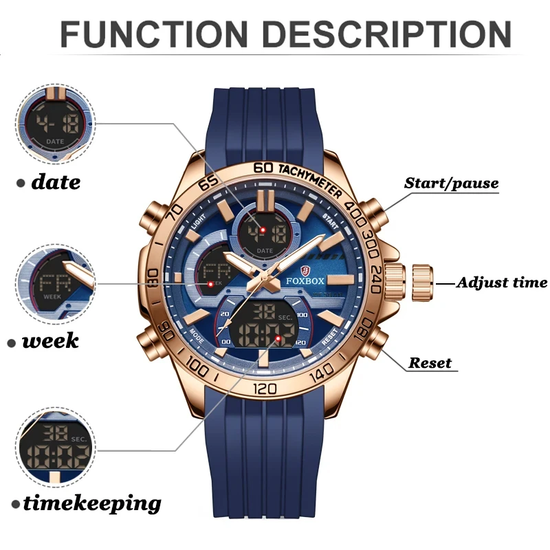 FOXBOX Military Watches for Men FOXBOX Luxury Sport Chronograph Steel WristWatch ​Waterproof Quartz Big Clock Digital Male Watch