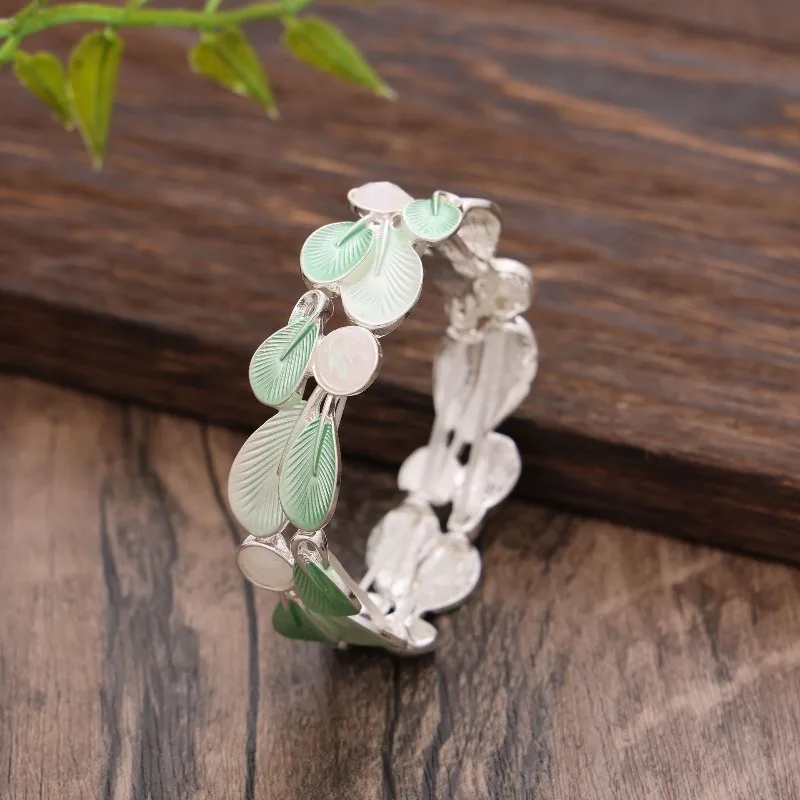 Bohemian Leaf Feather Enamel Bangle Silver Plated Multicolor Stretch Bracelet Stackable Bracelets Elegant Fashion Jewelry