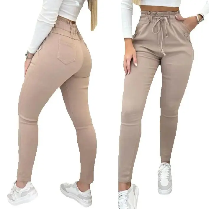 Autumn New Fashion Women Drawstring Waist Button Decor Fleece Lined Skinny Pants Daily Clothes Commuting Plain Women's Trousers
