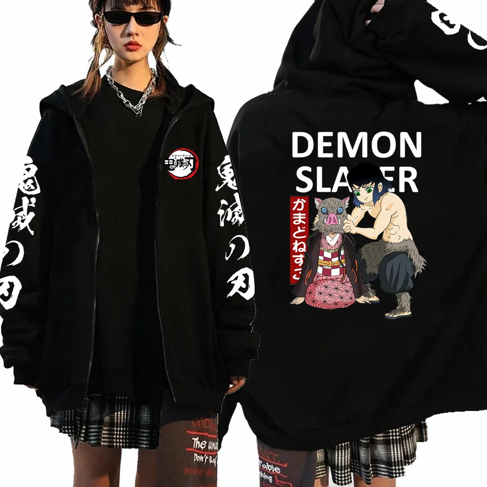 Harajuku Anime Demon Slayer Women Zip Hoodie Kamado Nezuko And Hashibira Inosuke Plus Size Zip Up Girl Boy Sweatshirts Pullover