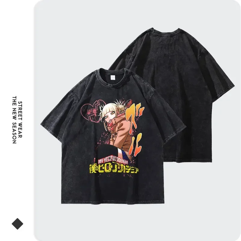 Himiko Toga T-shirt Vintage Washed Anime My Hero Academia T Shirts Oversized Harajuku Manga Boku No Hero Academia Tops Tees Girl