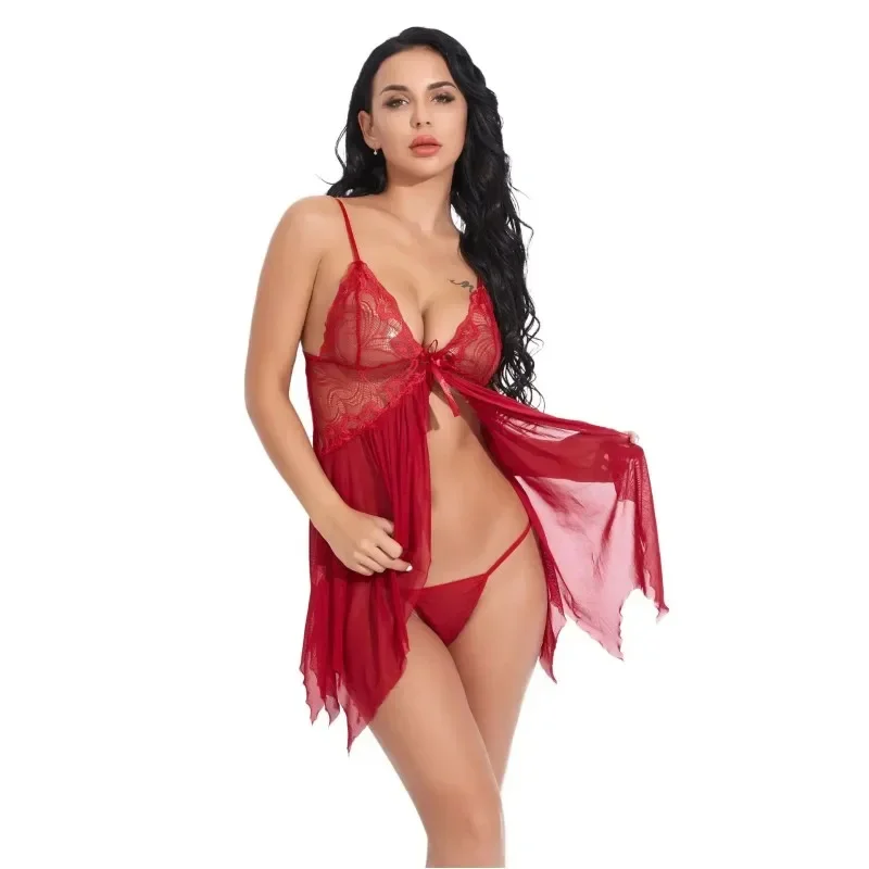 Sexy Lingerie Babydolls Women Erotic Pajamas Porn Lace Transparent Dress with Panties Set Sex Clothes Nighties Suit