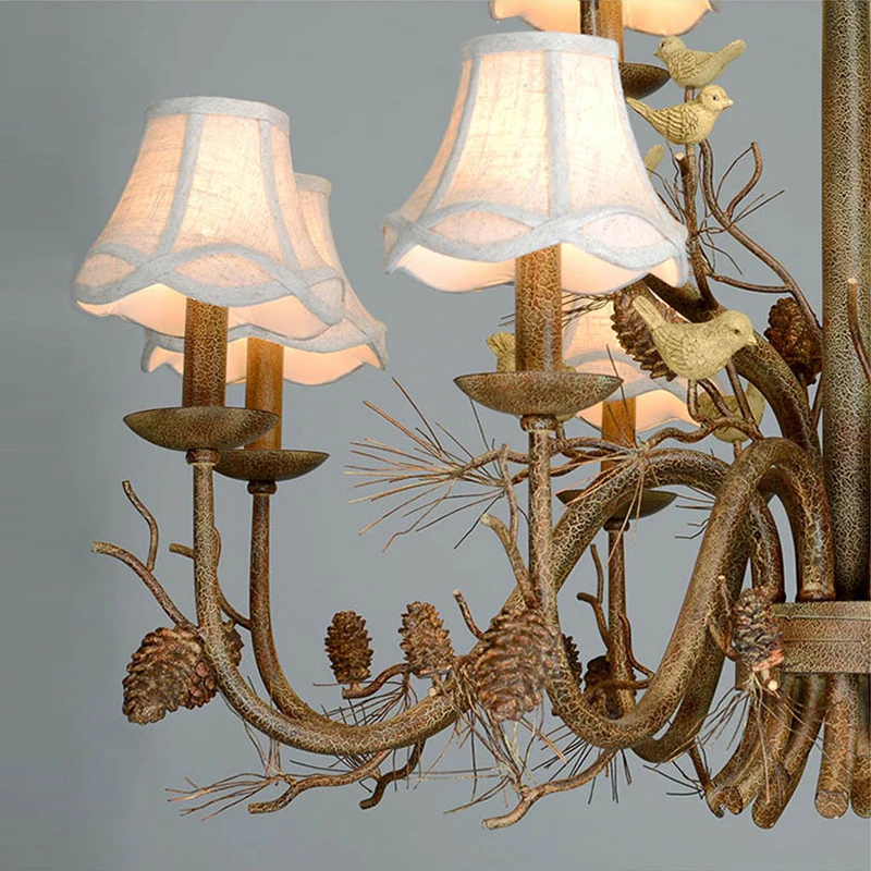 American Vintage Retro Iron LED Chandelier E14 Bulb Resin Bird Hanging Light Fixture for Living