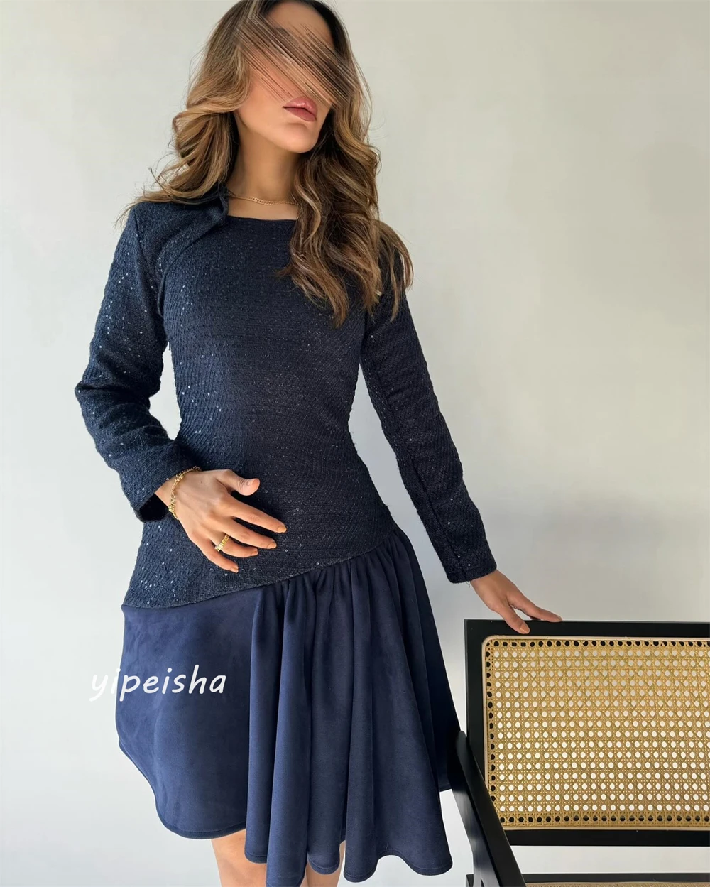 Vestido largo hasta la rodilla para mujer, traje de alta calidad con lentejuelas, cuello cuadrado, línea A, exquisito