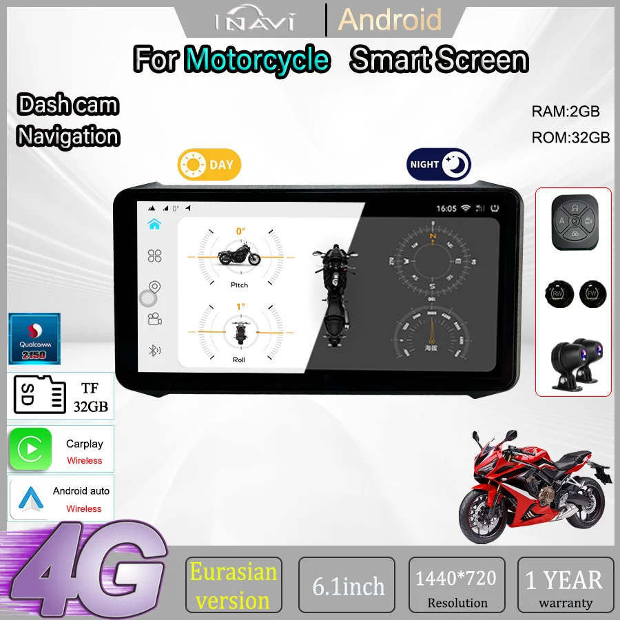 

INAVI 6.1-inch Android 10 Motorcycle Navigation Carplay IP67 Waterproof Smart Screen Video Recorder Dual Lenses ADAS