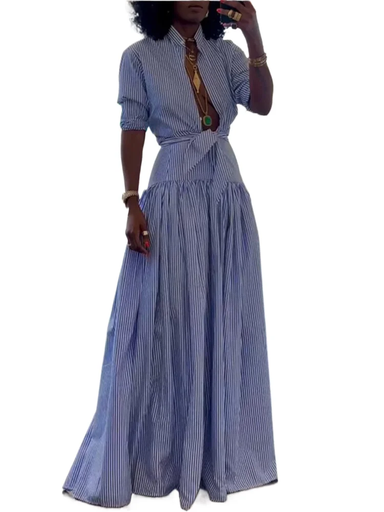 

New Summer Women's Fashion Striped Print Big Pose Dress For Women Elegant Casual Office Party Holiday Dresses 2025 Woman Robe