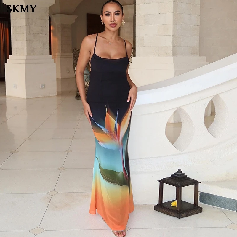 

SKMY Summer Camisole Dress Printed Contrasting Sleeveless Backless Long Skirt Hanging Neck Casual 2025 New Style