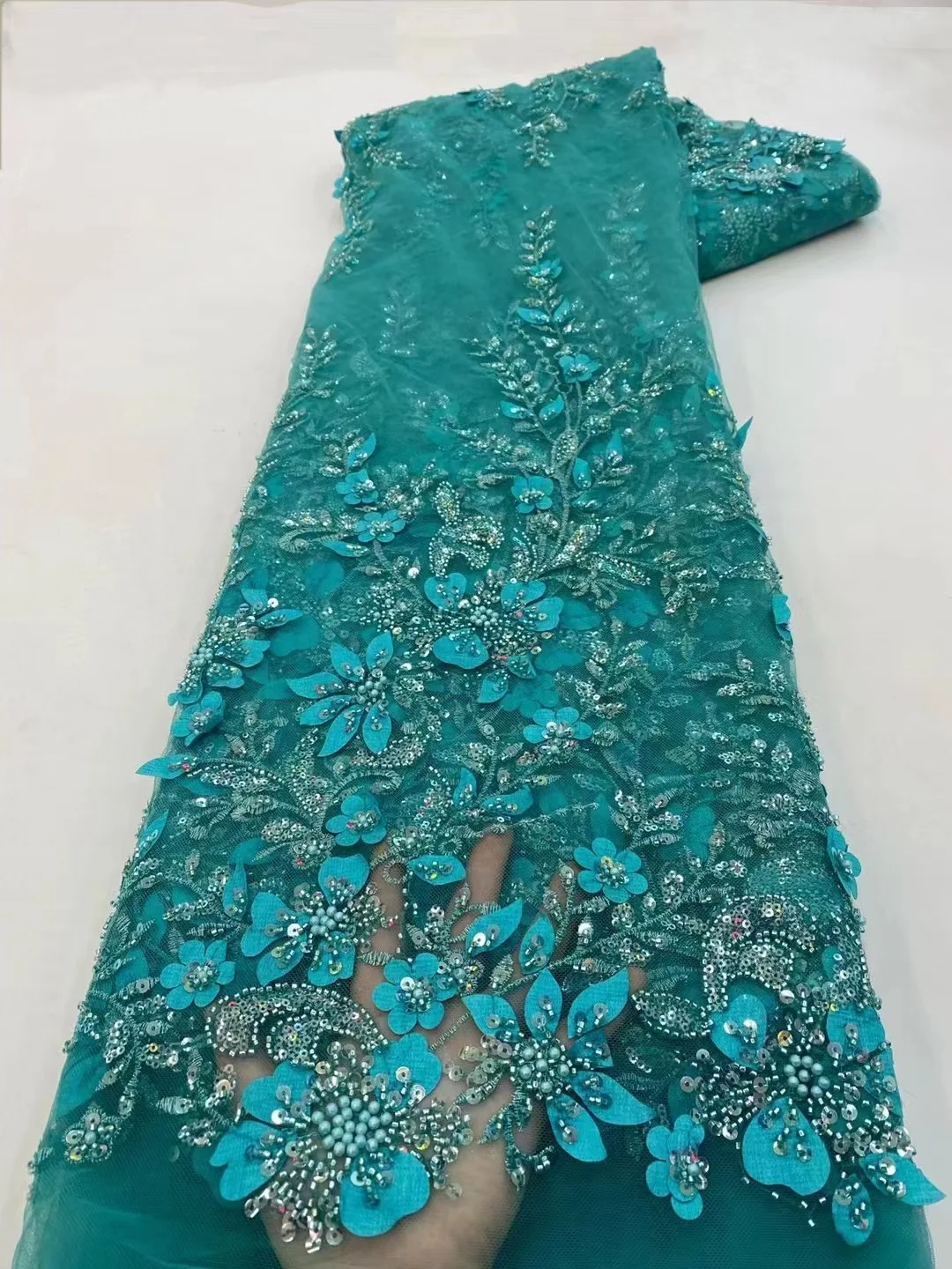 African Lace Fabric 2025 French 3D Flower Red Sequins Embroidery Beads Tulle 1 Yards High Quality for Party Dress
