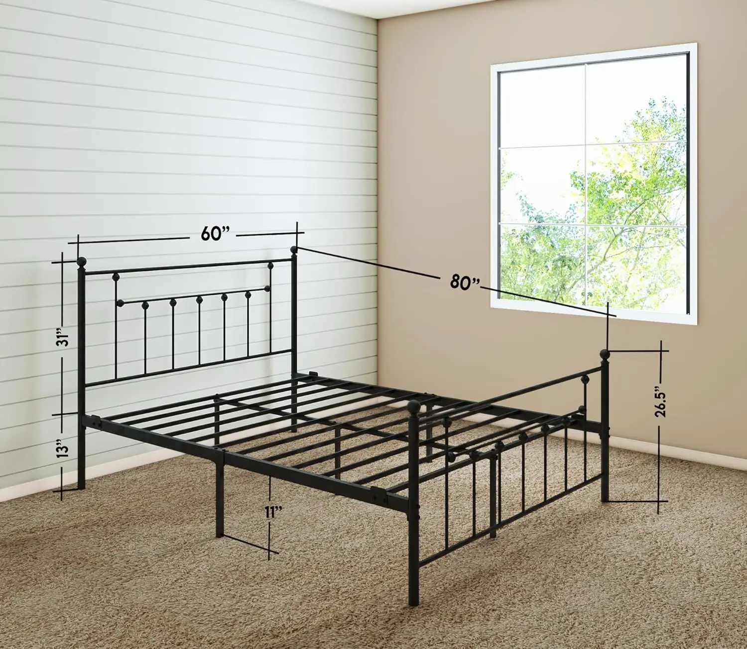 Victoriaanse Queen Size Zwart Ijzeren Bedframe Met Hoofdeinde Voetbord Smeedstaaf Art Zware Stalen Metalen Platform Fundering