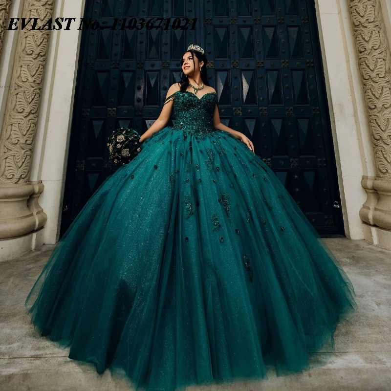 EVLAST-vestido De quinnceañera verde brillante, vestido De baile, apliques florales 3D con cuentas, corsé De México dulce 16, Vestidos De 15 años SQ564