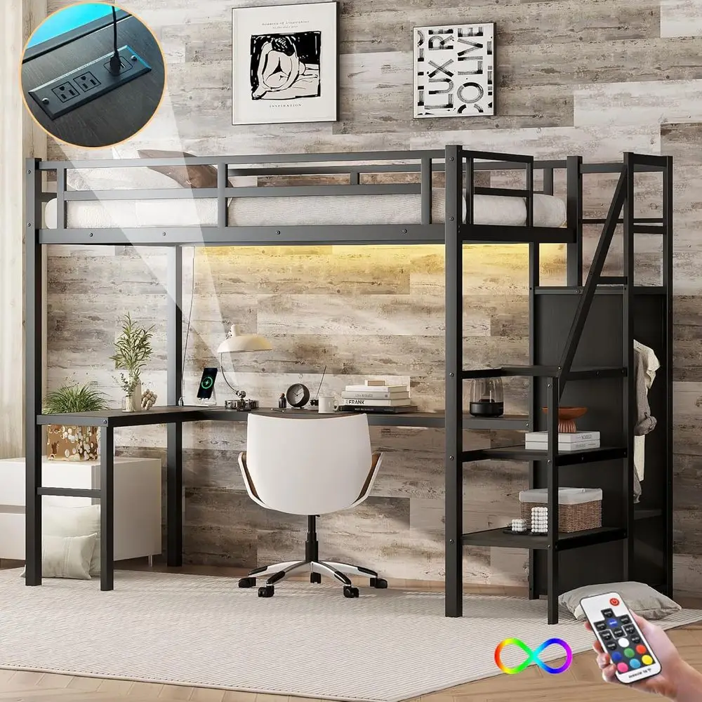 

Twin XL Metal Bunk Bed with Desk, Wardrobe, Storage Stairs, LED Lights, USB Ports for Kids - Space-Saving, Noise-Free in Black