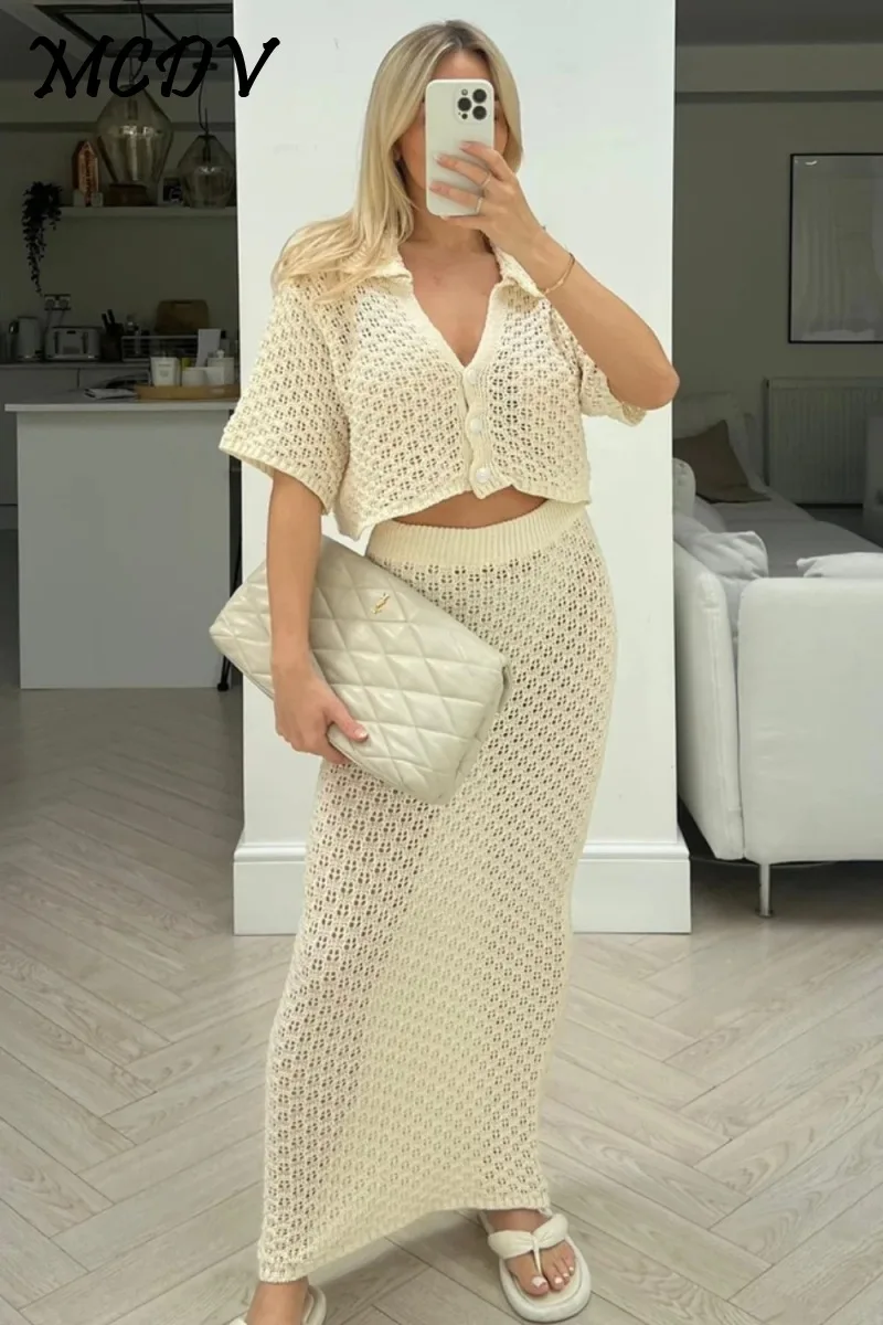 Women White Knitted Beach Two Piece Set 2024 Summer Short Sleeve Hollow Out Lapel Crop Top Shirts Sexy Long Skirt Beachwear Sets