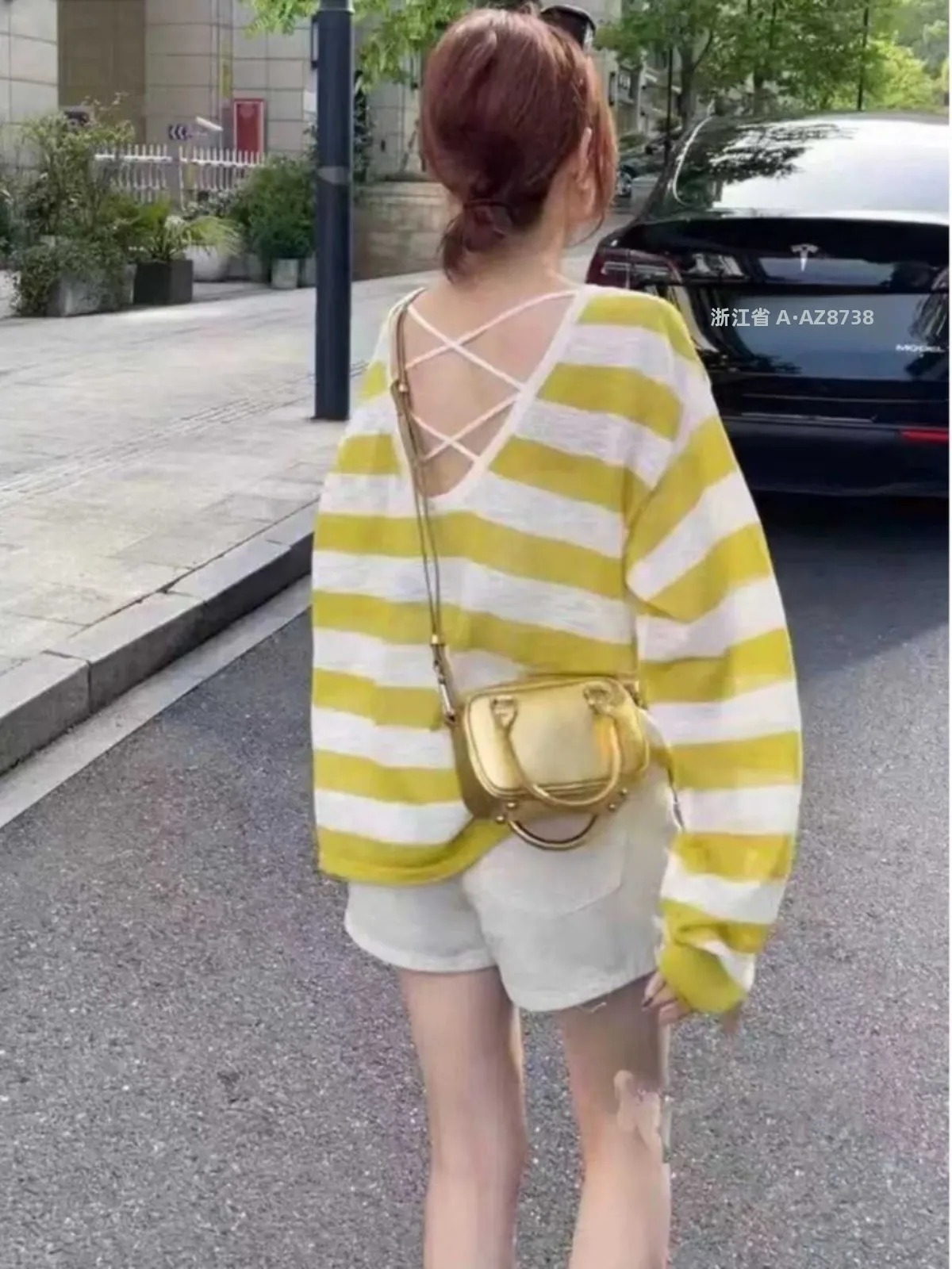Summer New Loose Striped Back Cross round Neck Long Sleeve UV Protection T-Shirt Women's Versatile Thin Basic  Color Top