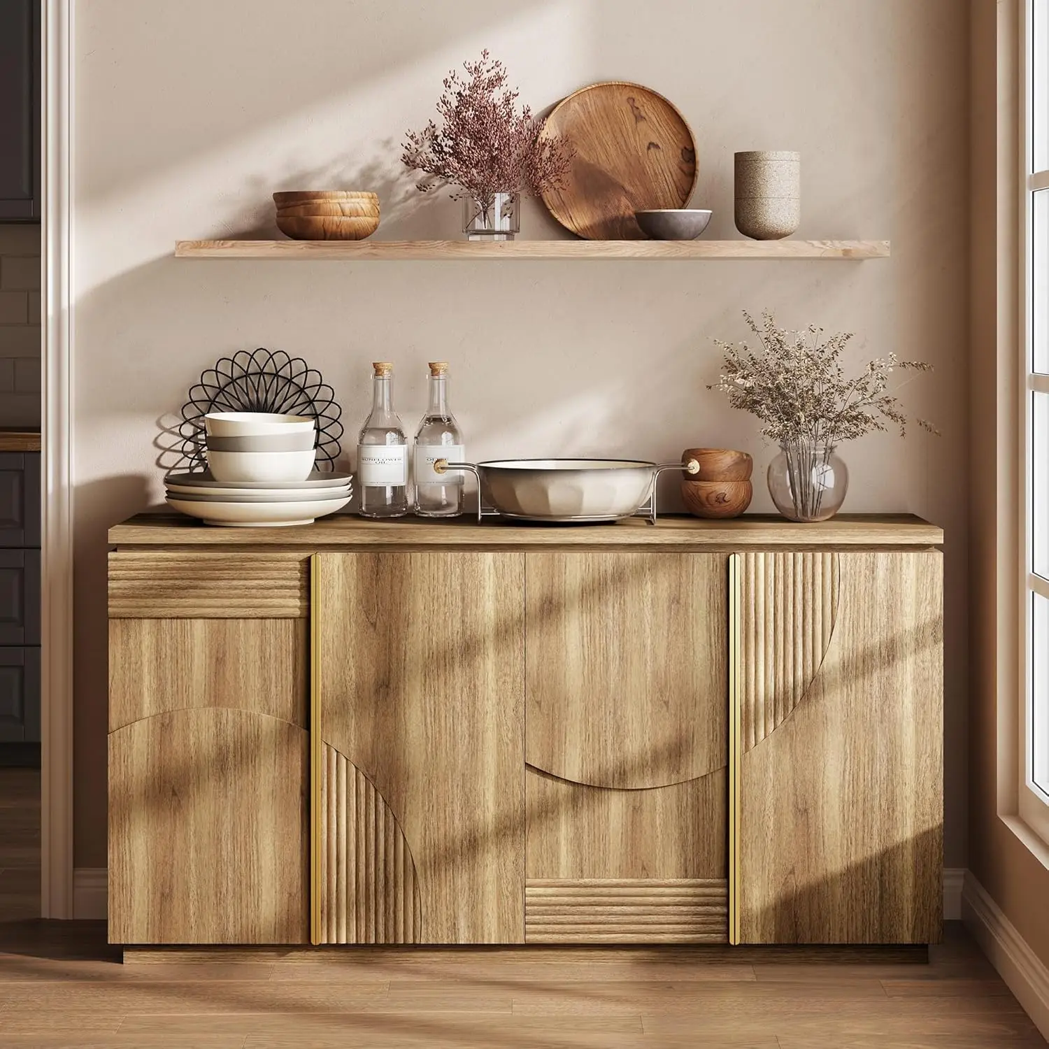 

Tableware Cabinet with Storage Space, 62 Inch Medieval Modern Arched Wooden Self-service Table, Multifunctional Console Table