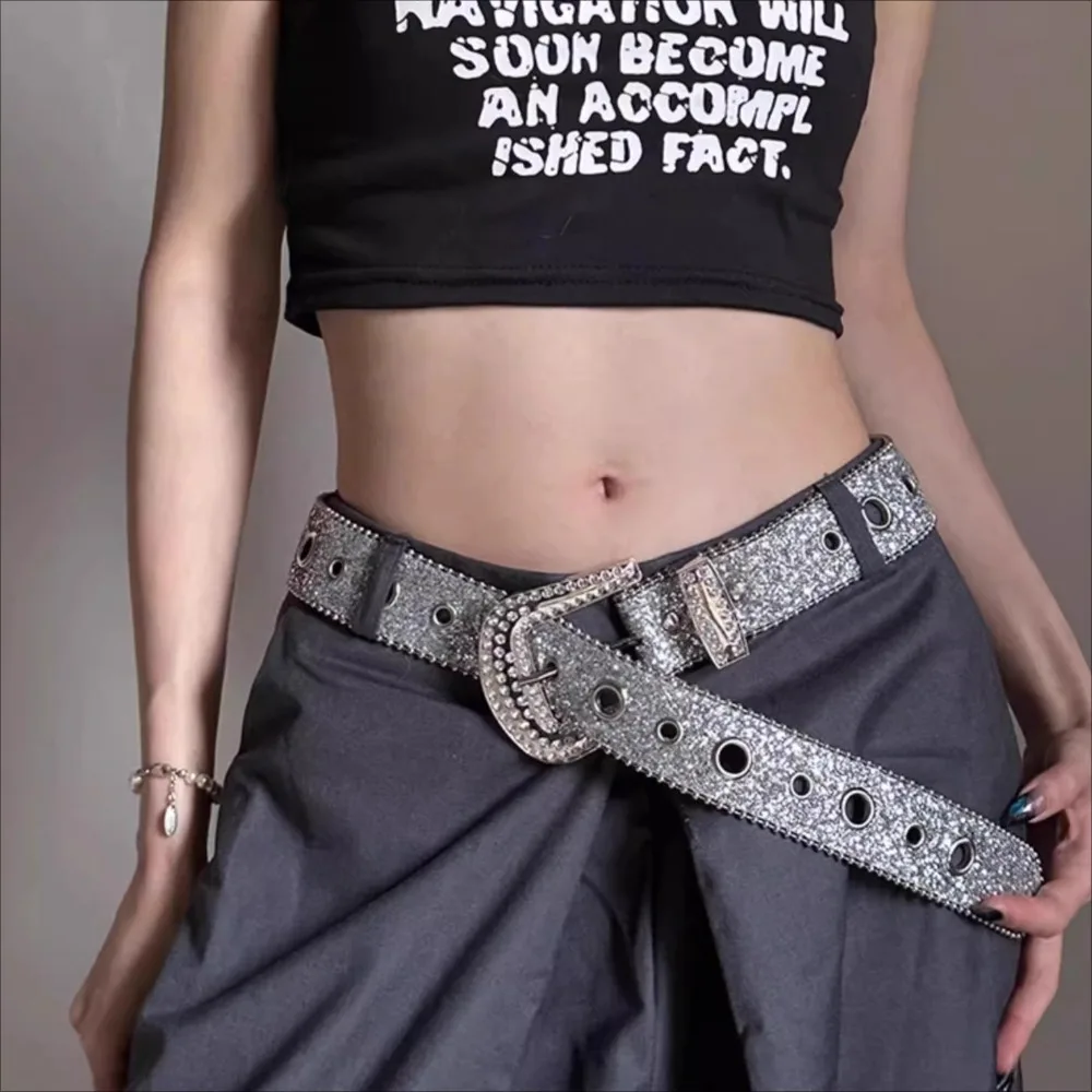 

Women Rhinestone Beaded Chain Decorated Belt Elegant Wide Personalized Sparkling Belt For Jeans And Shirts