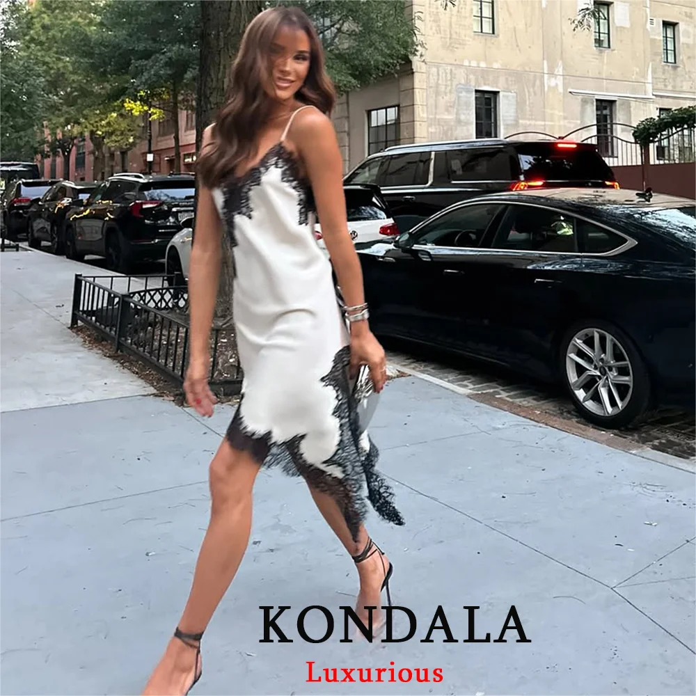 KONDALA الساتان مثير الدانتيل تقسم فستان بكتافة قصيرة المرأة بلا أكمام عارية الذراعين غير المتماثلة مثير فساتين الحفلات 2025 الخريف فستان سيدة #2