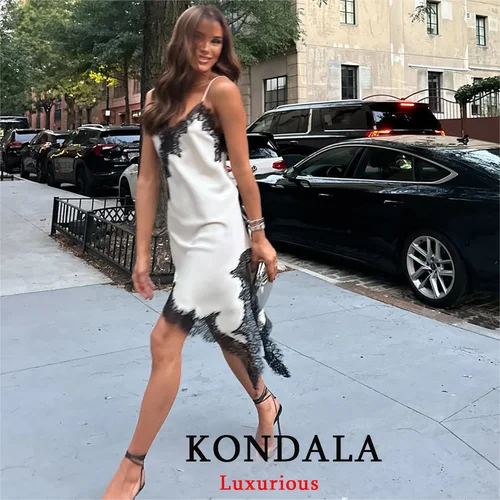Imagen 2 del producto KONDALA satén Sexy encaje empalmado vestido corto con tirantes mujeres sin mangas espalda descubierta asimétrico Sexy vestidos de fiesta 2025 otoño vestido de señora