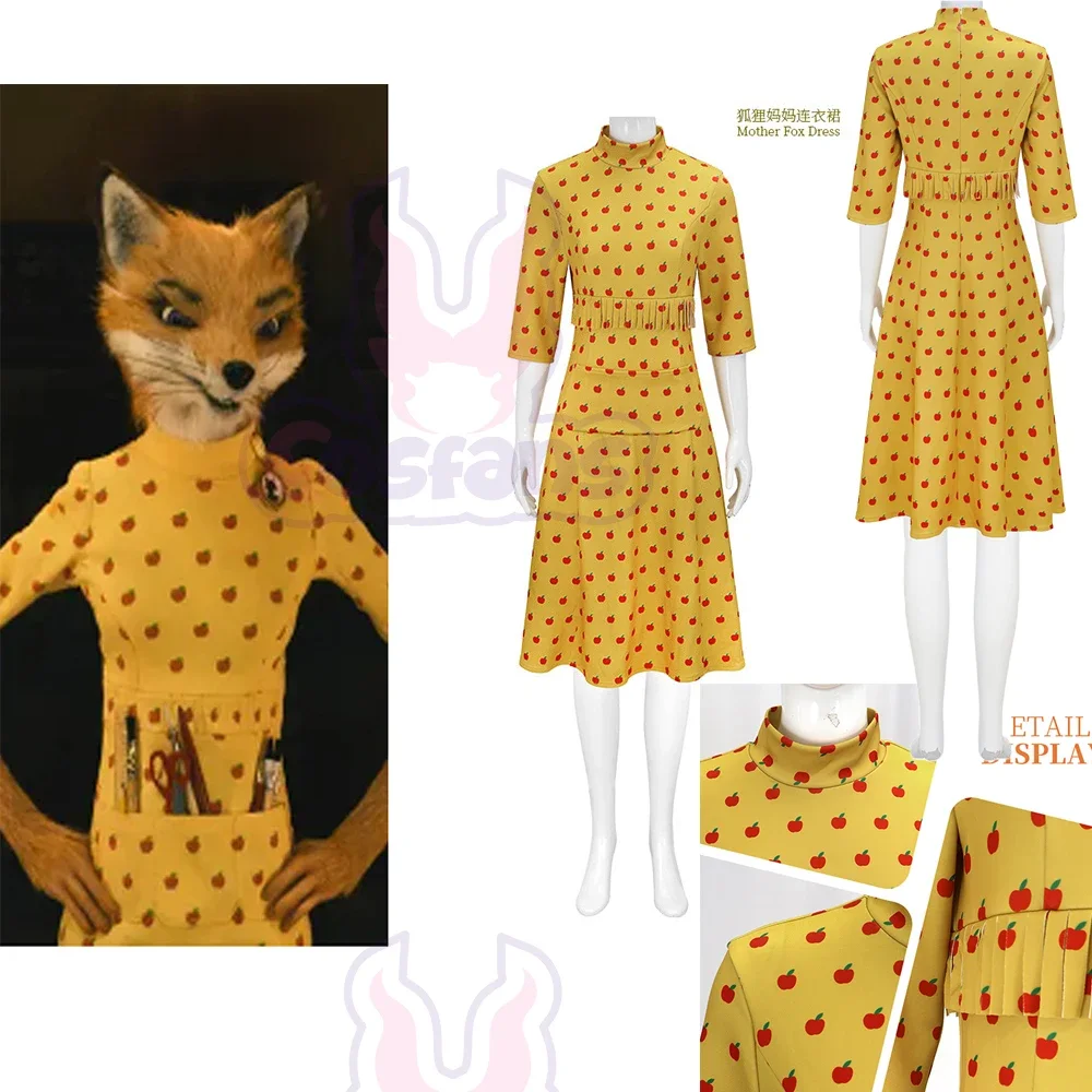 Disfraz de Cosplay de la Película "Fantastic Mr Fox Mrs Fox", Vestido Largo Amarillo, Ropa de Disfraz para Halloween, Vestido de Fiesta para Mujer, Ropa de Disfraz