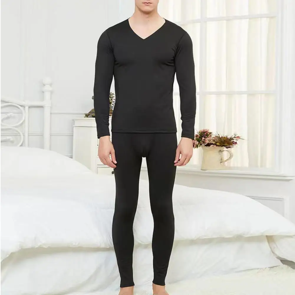 Breathable Top Trousers Set Men's Winter Thermal Underwear Set V Neck Slim Fit Elastic Fleece Keep Warm Thick Thermo Homewear